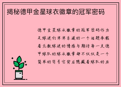 揭秘德甲金星球衣徽章的冠军密码
